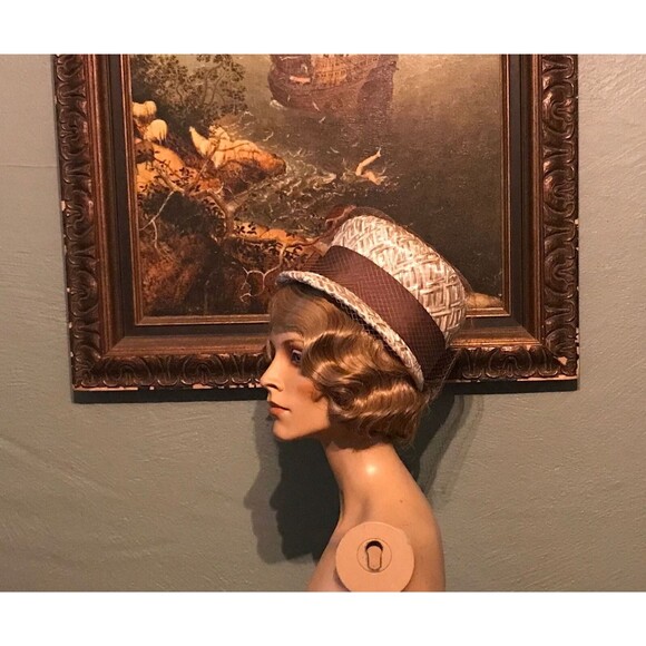 Vintage 60s Hat 1960s Straw XL Pillbox Cloche Netting Jackie Kennedy Mod Retro - Picture 3 of 9